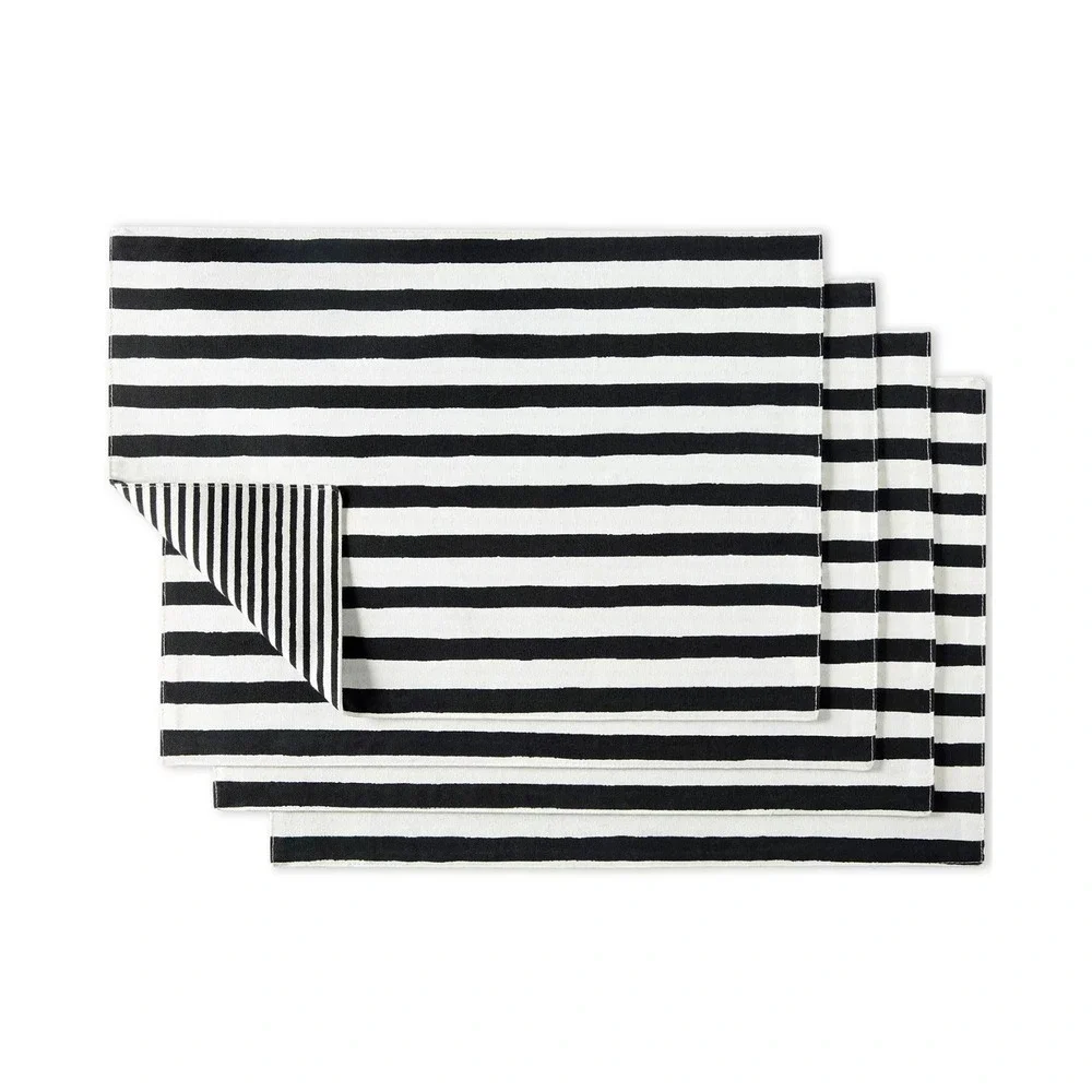 Hand Painted Shirting Stripe Reversible Placemats 4-Pack Set, 100% Cotton, Black